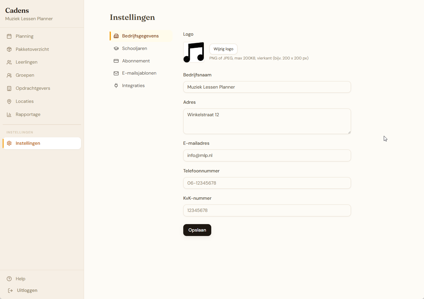 Instellingen - Bedrijfsgegevens