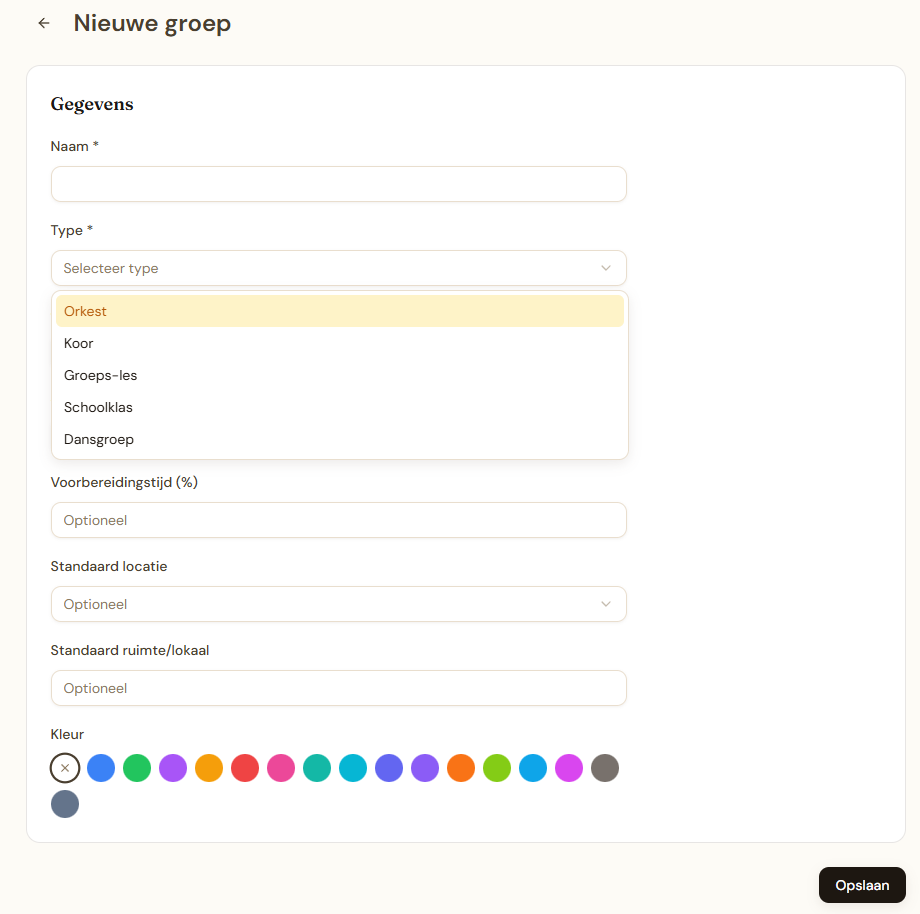 Formulier Nieuwe groep met groepstype-dropdown