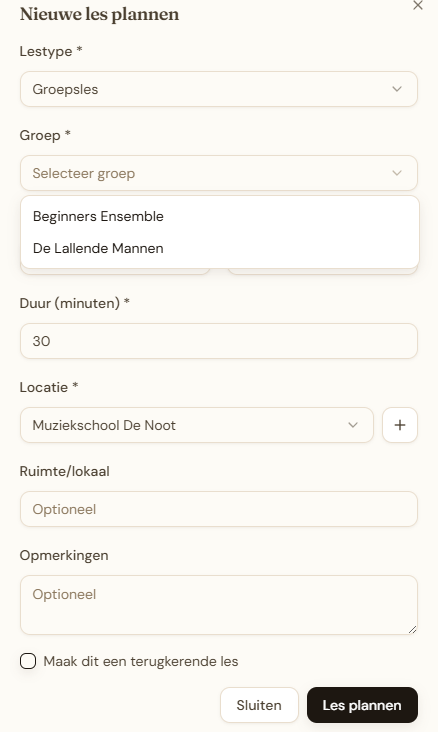 Nieuwe les met groep-dropdown
