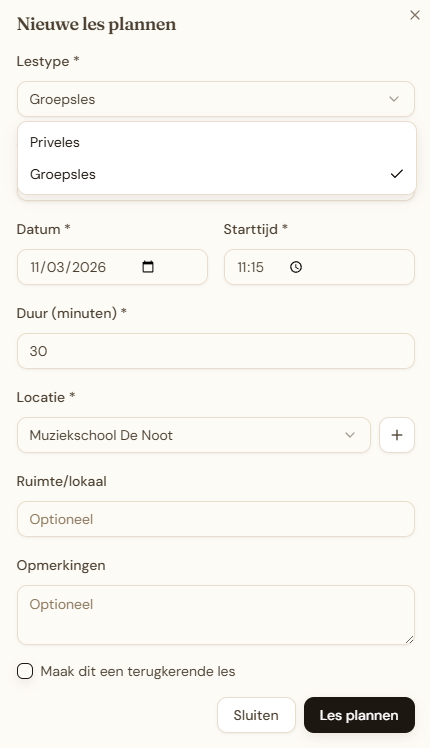 Nieuwe les met type-keuze