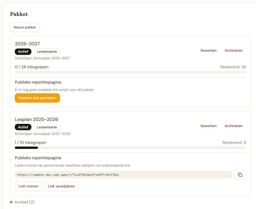 Pakkettensectie met publieke link