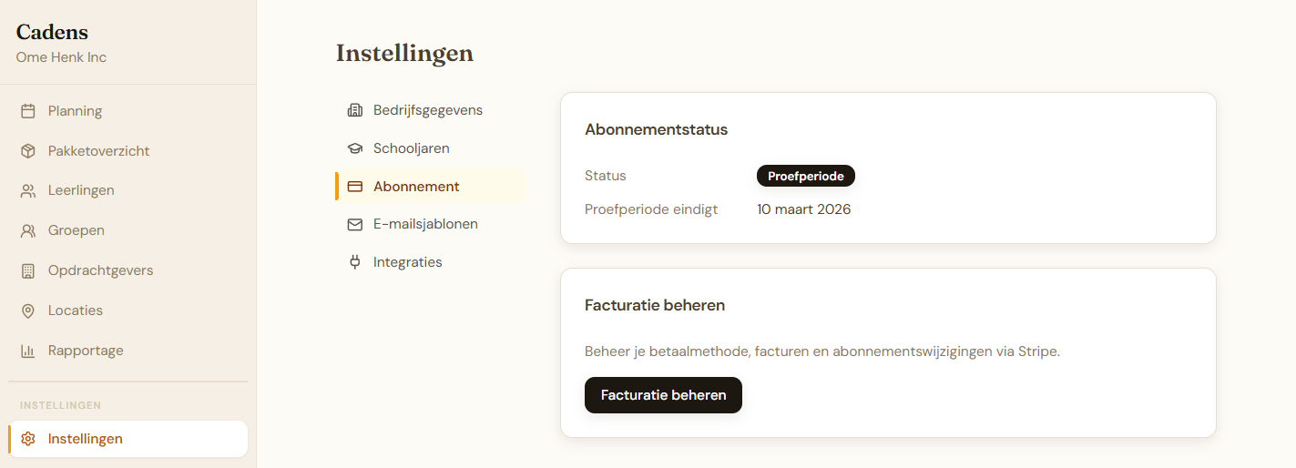 Abonnement instellingen
