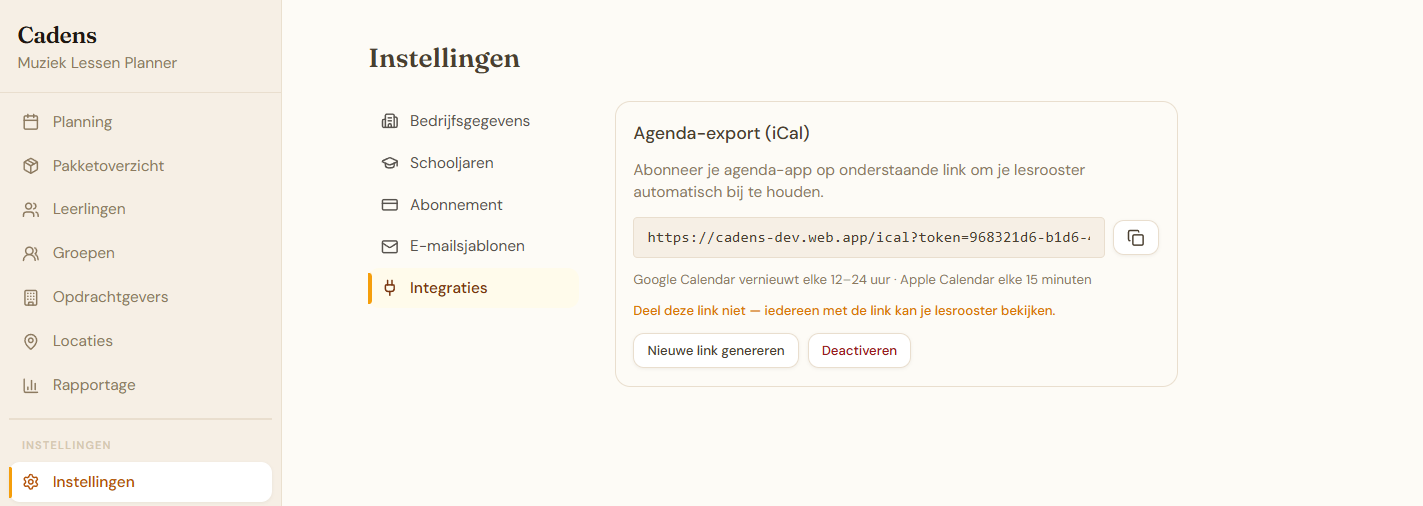 Integraties - agenda-export actief