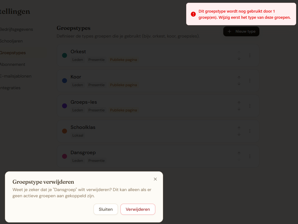 Foutmelding bij verwijderen type in gebruik