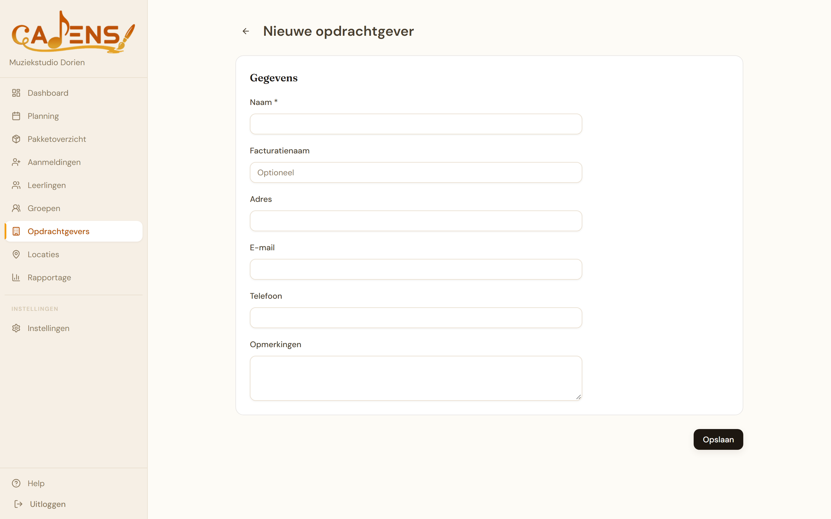 Cadens formulier voor een nieuwe opdrachtgever