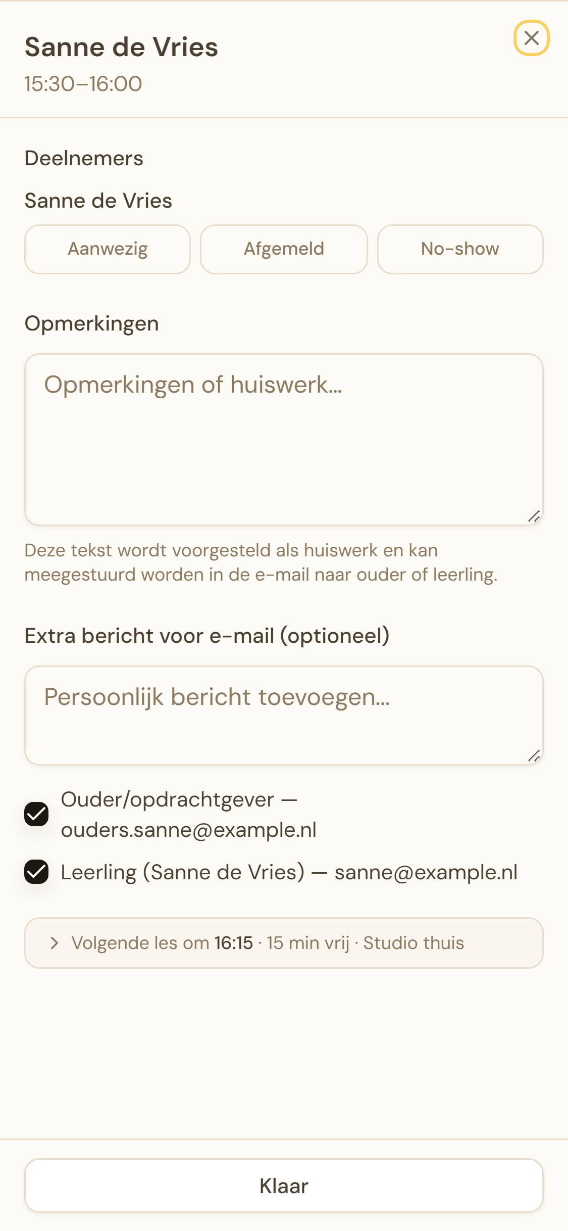 Afrondscherm met deelnemerslijst en opmerkingenveld