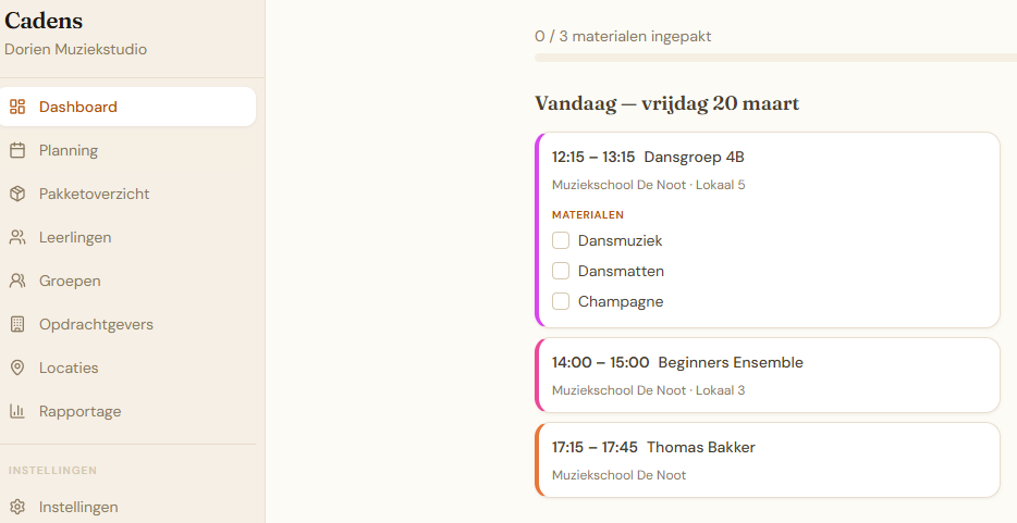 Mijn dag dashboard met lessen voor vandaag en morgen