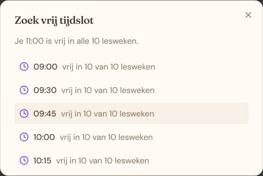 Paneel met voorgestelde vrije tijdsloten