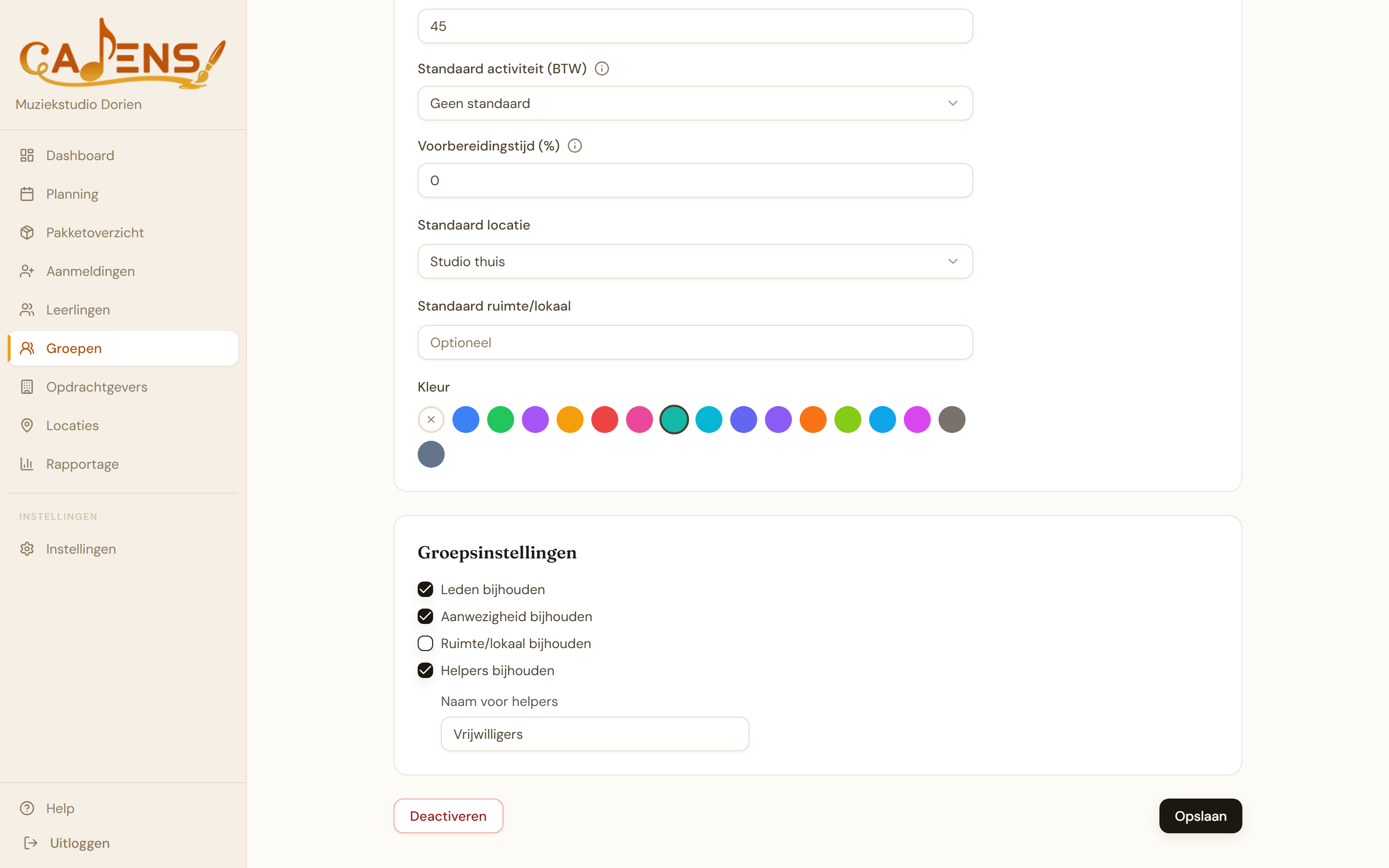 Cadens formulier nieuwe groep met groepstype en automatisch ingevulde instellingen