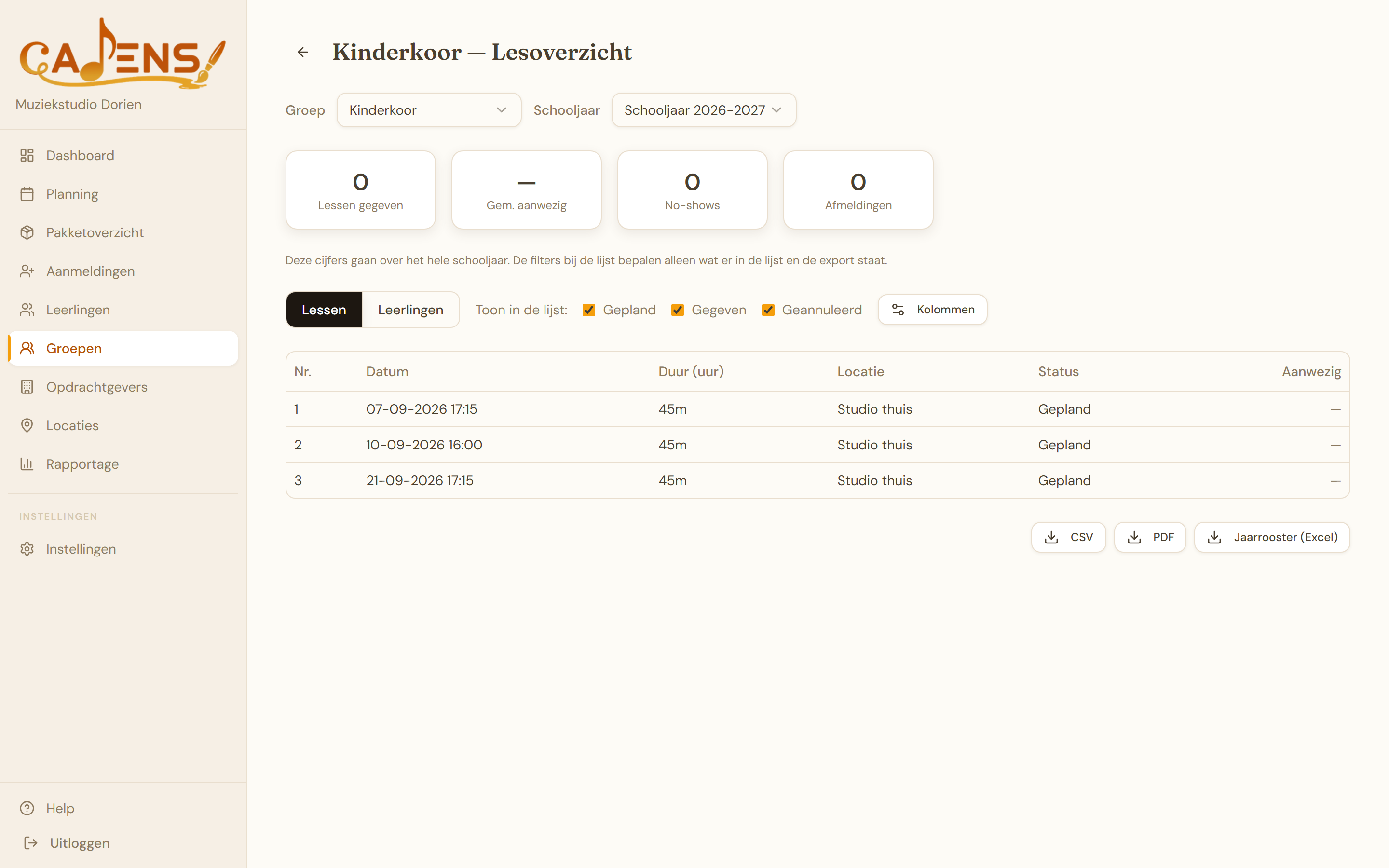 Exportknoppen onder het lesoverzicht