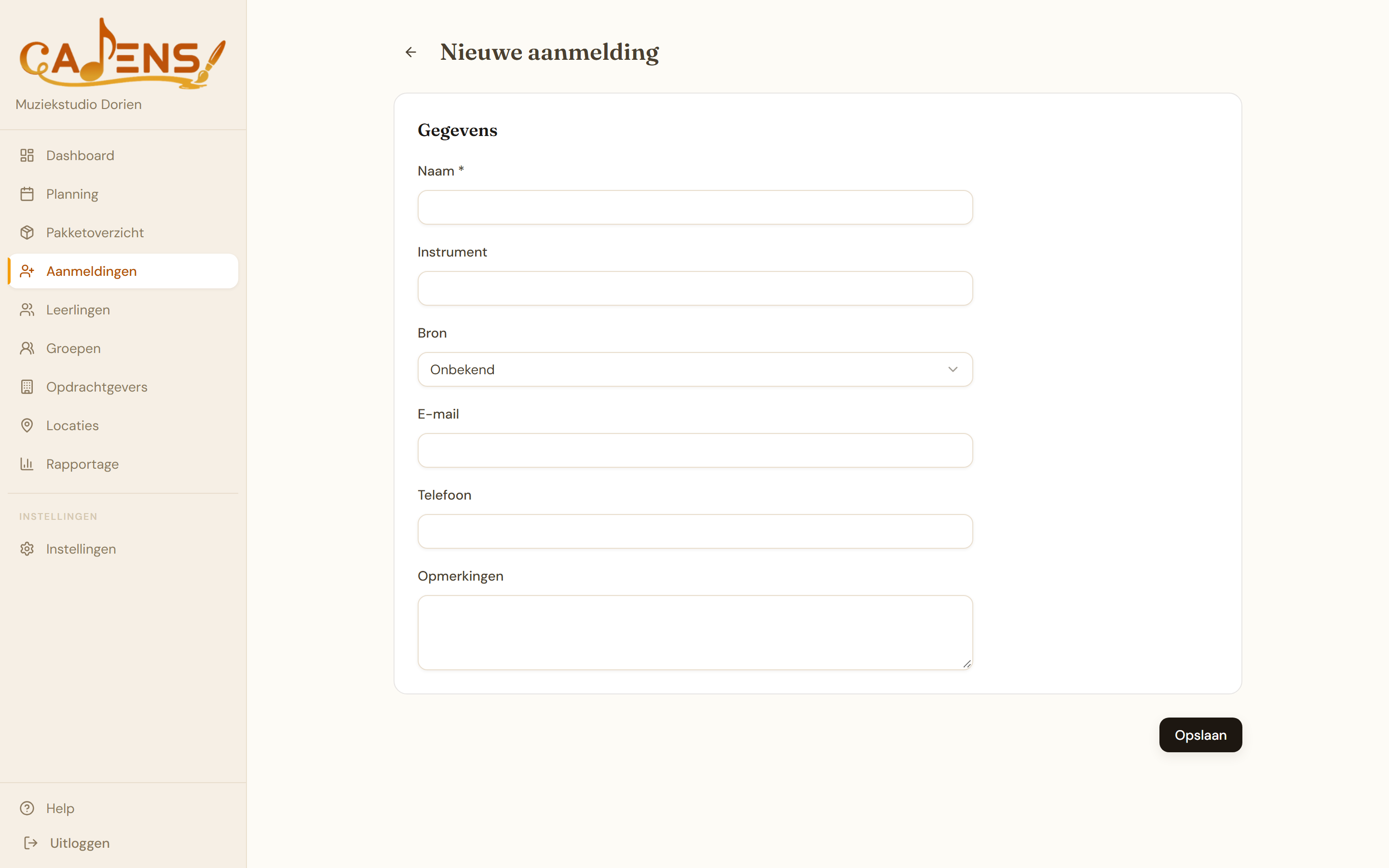 Cadens formulier voor een nieuwe aanmelding