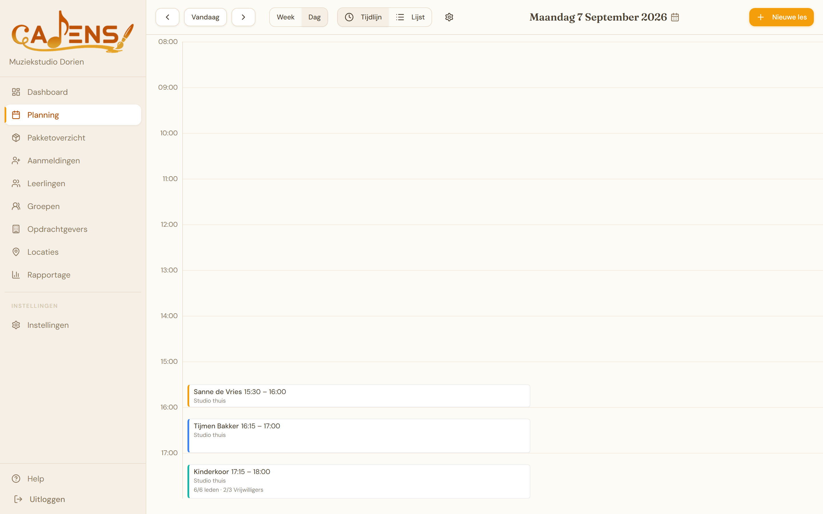 Dashboard met lessen voor vandaag en morgen