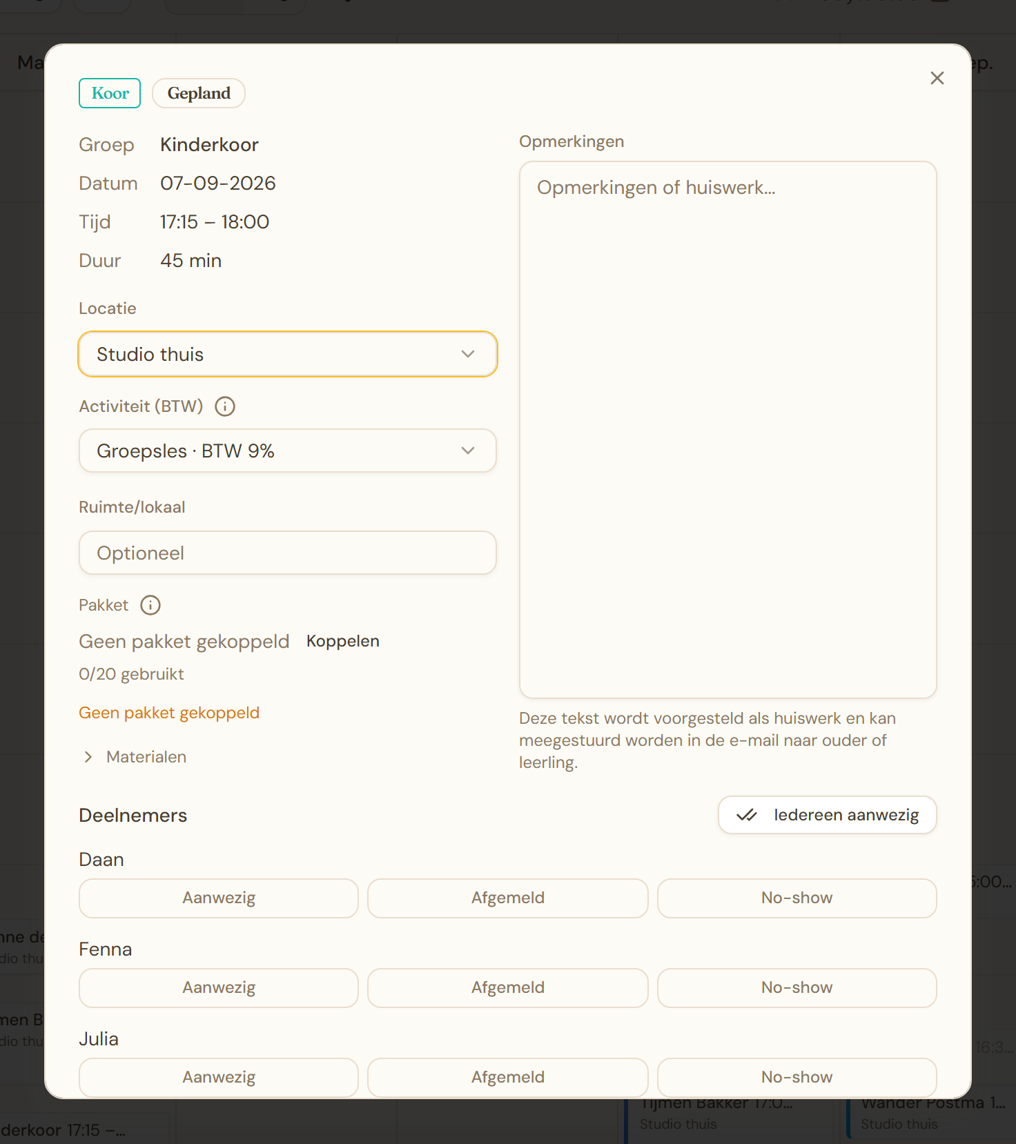Lesdetailvenster van een groepsles
