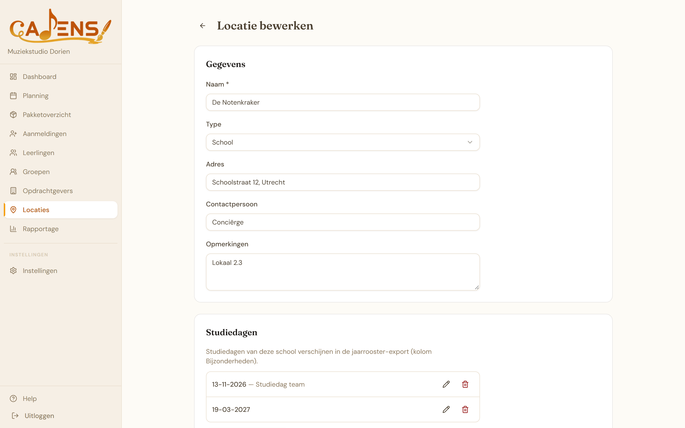Cadens locatieformulier met de studiedagen-sectie