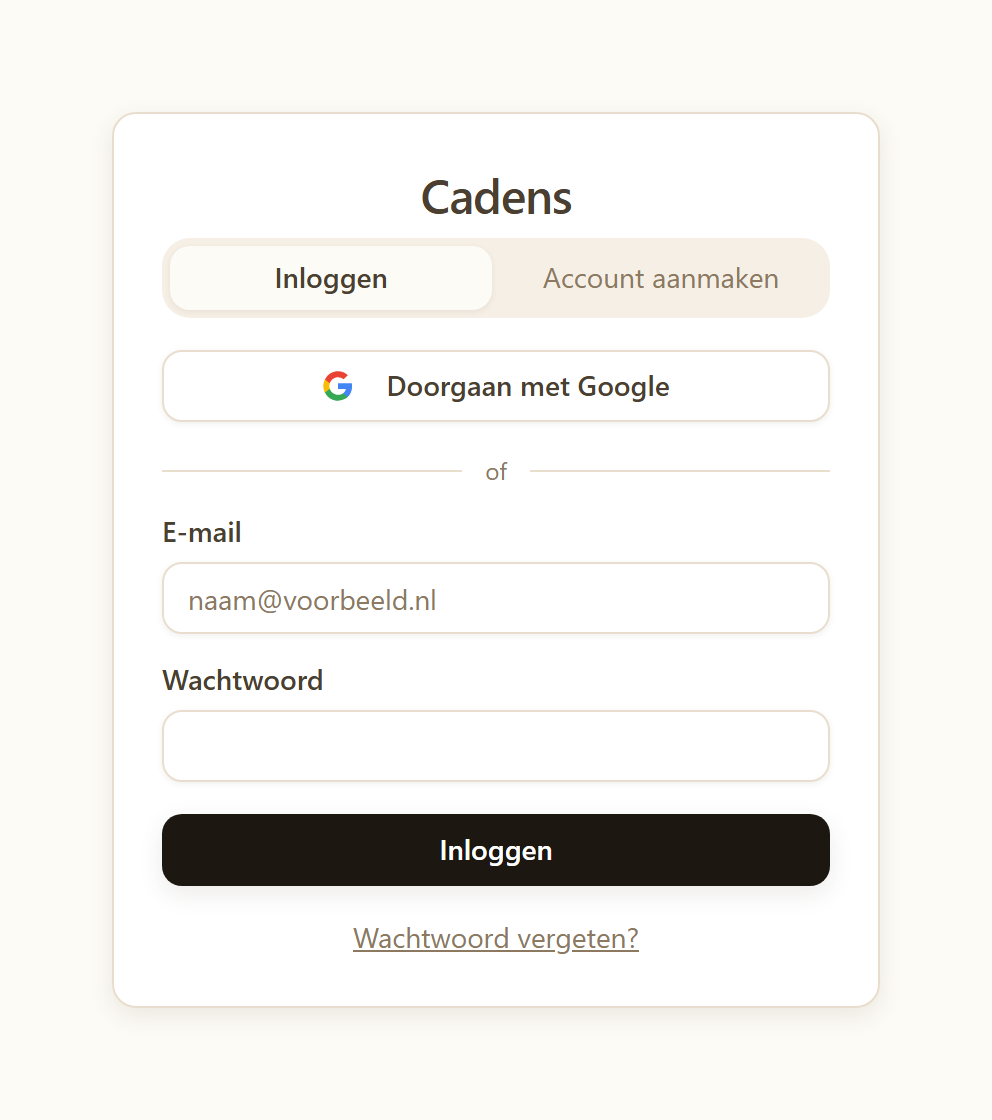 Cadens inlogscherm met opties voor Google en e-mail