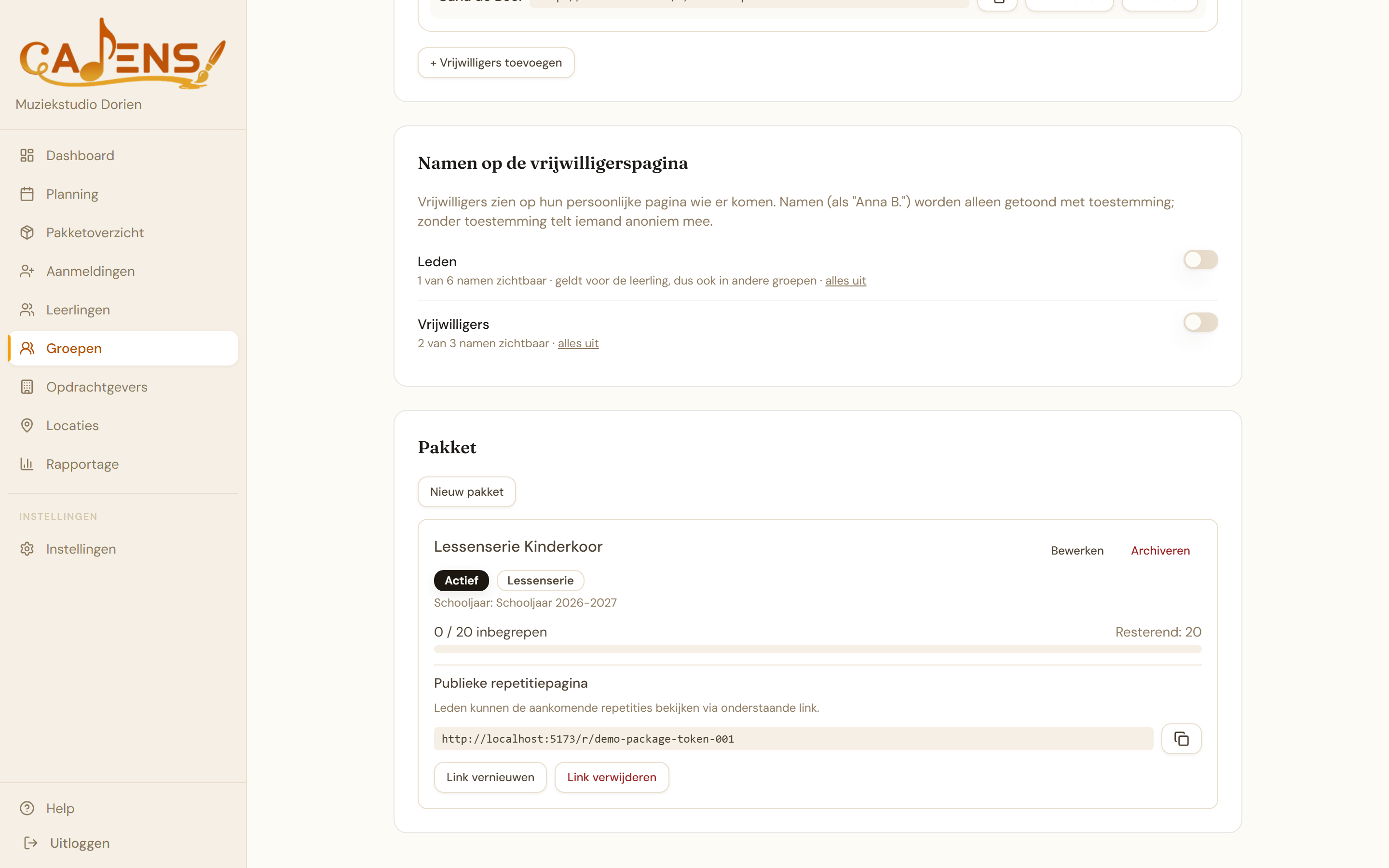 Cadens publieke link voor een lessenserie