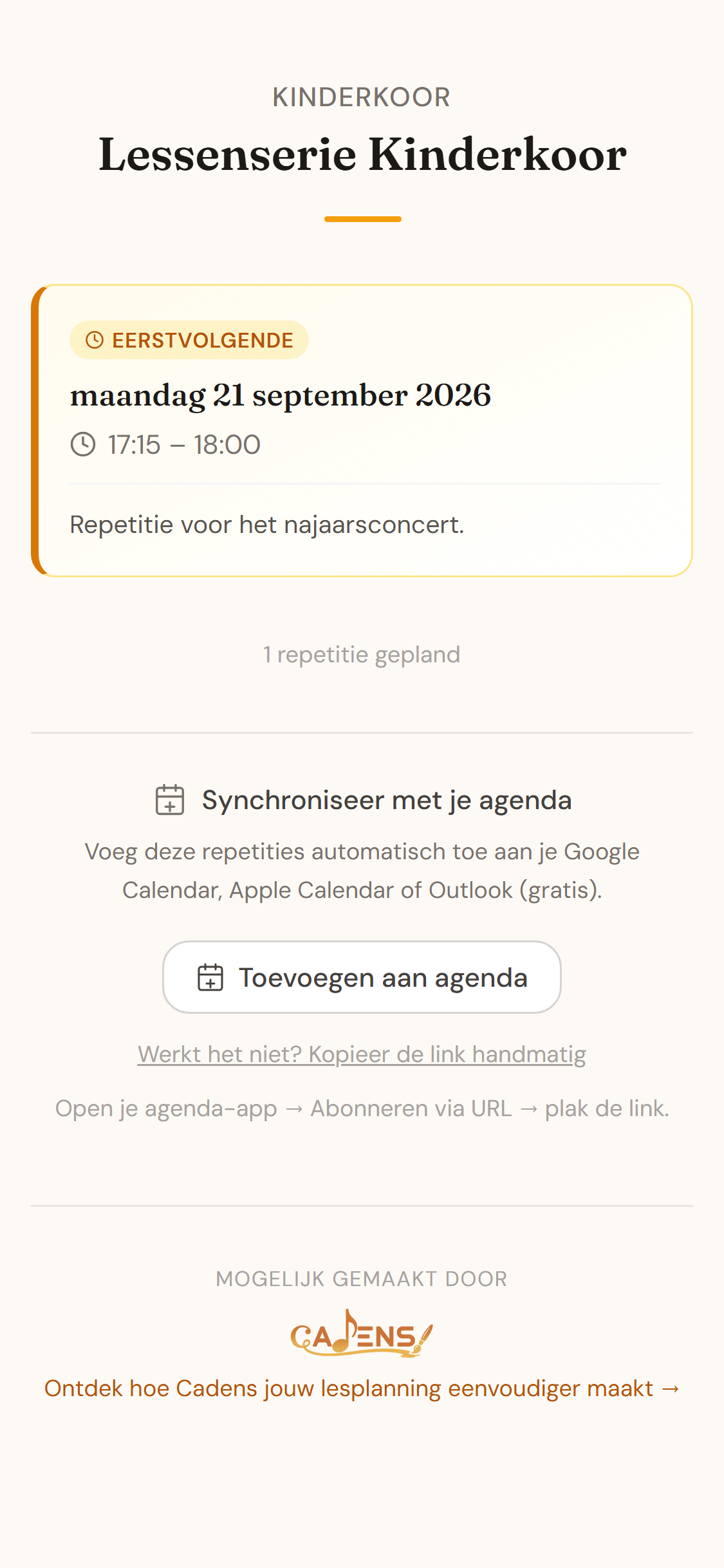Cadens publieke repetitiepagina op een telefoonscherm