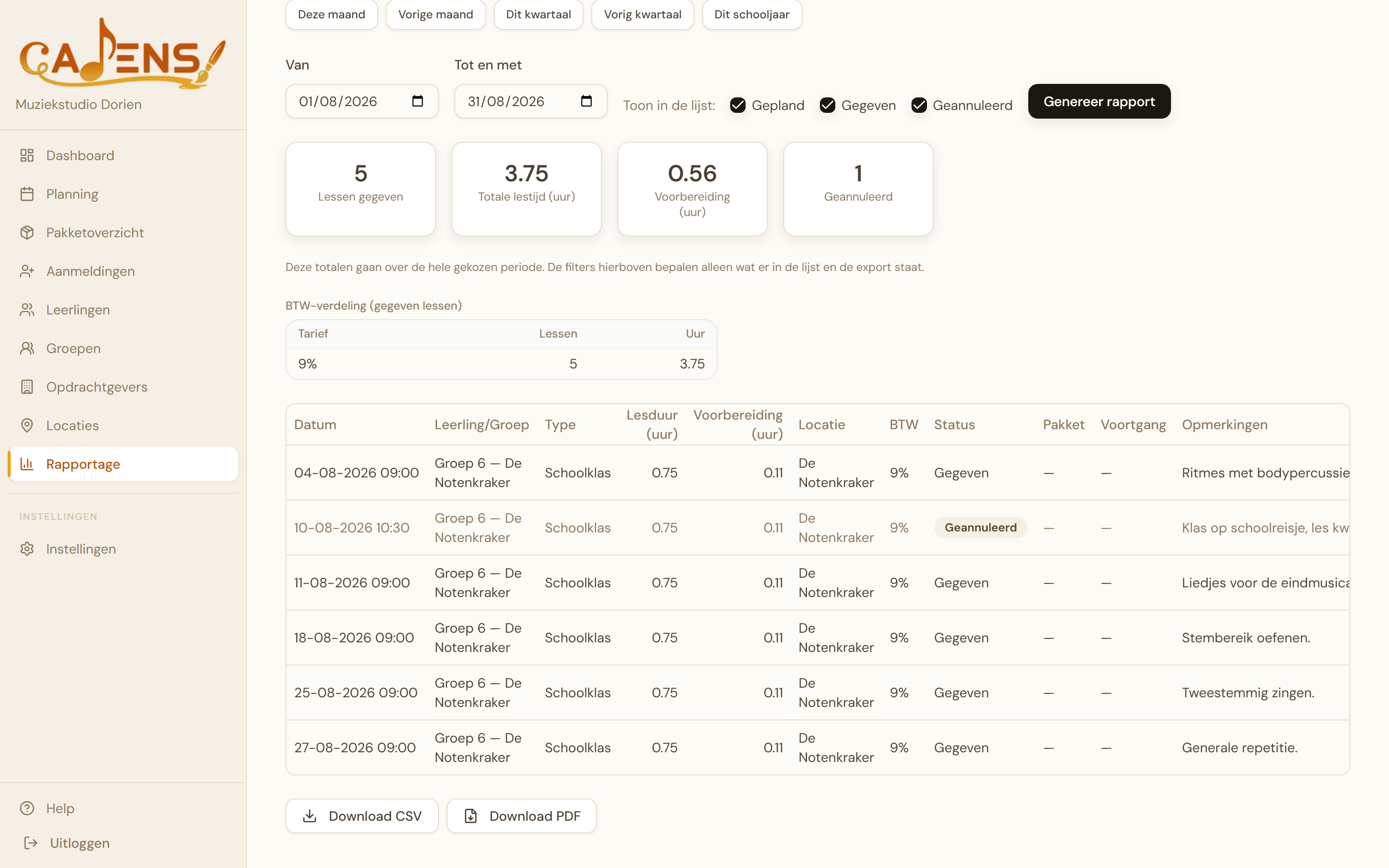 Cadens exportknoppen voor CSV en PDF