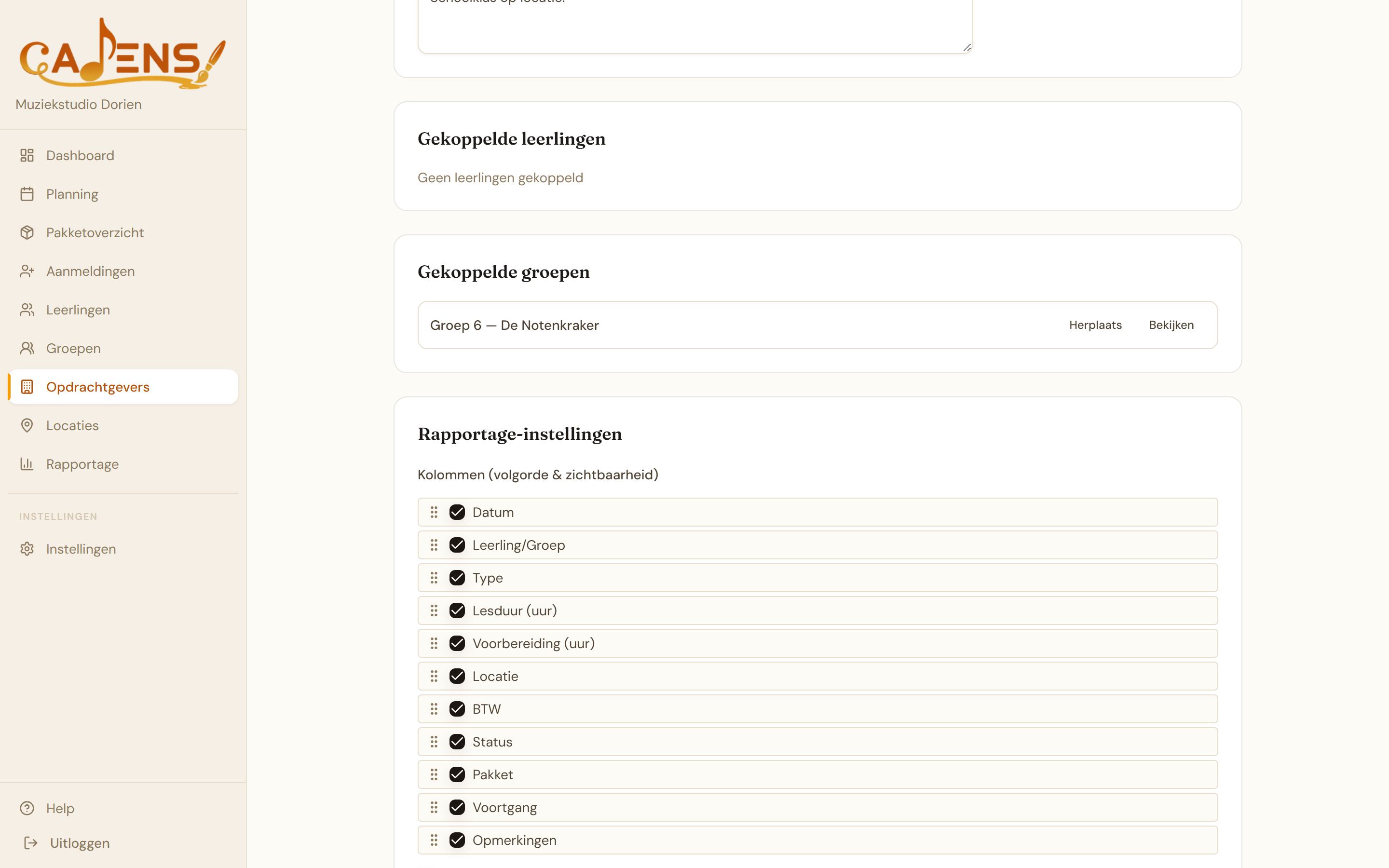 Cadens rapportage-instellingen op de opdrachtgeverpagina
