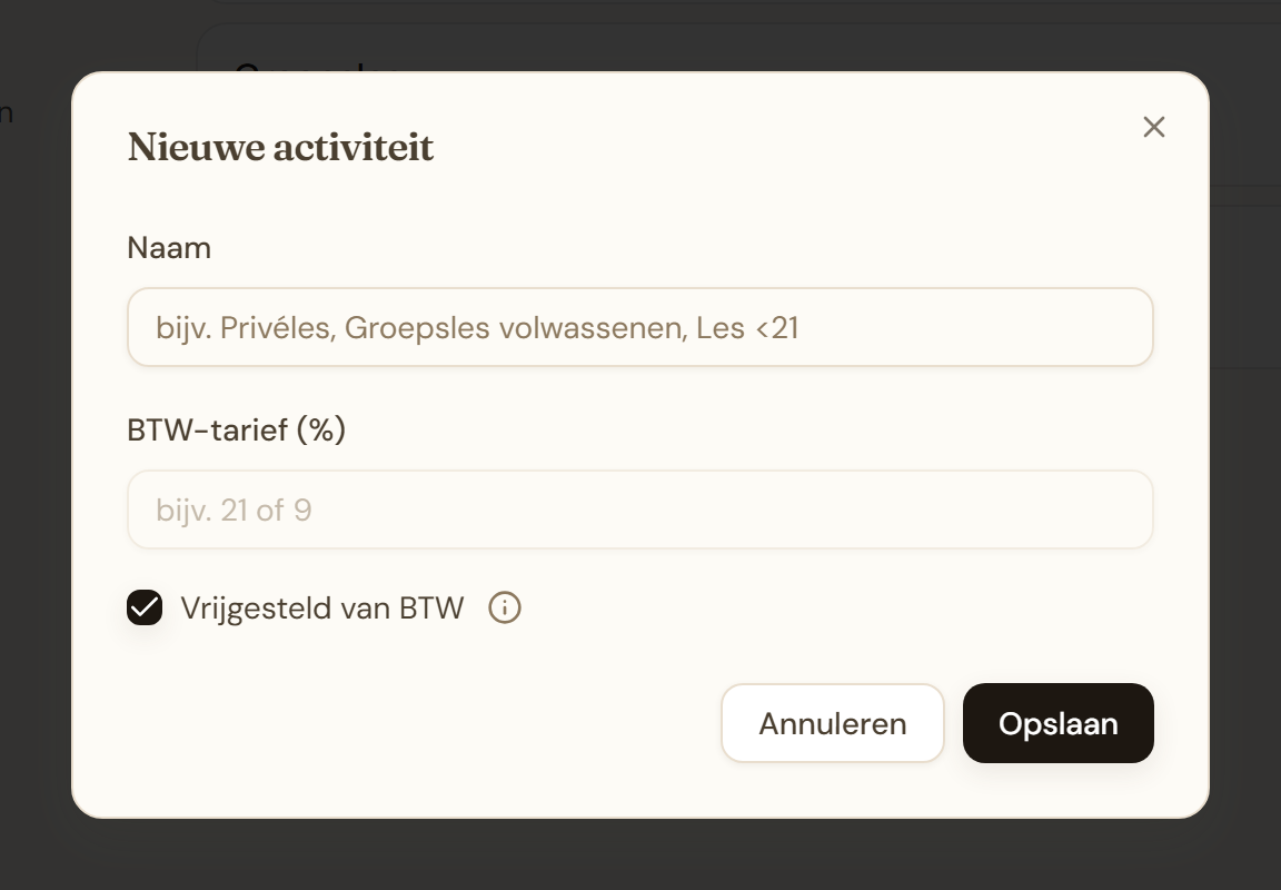 Cadens dialoog voor het aanmaken van een activiteit