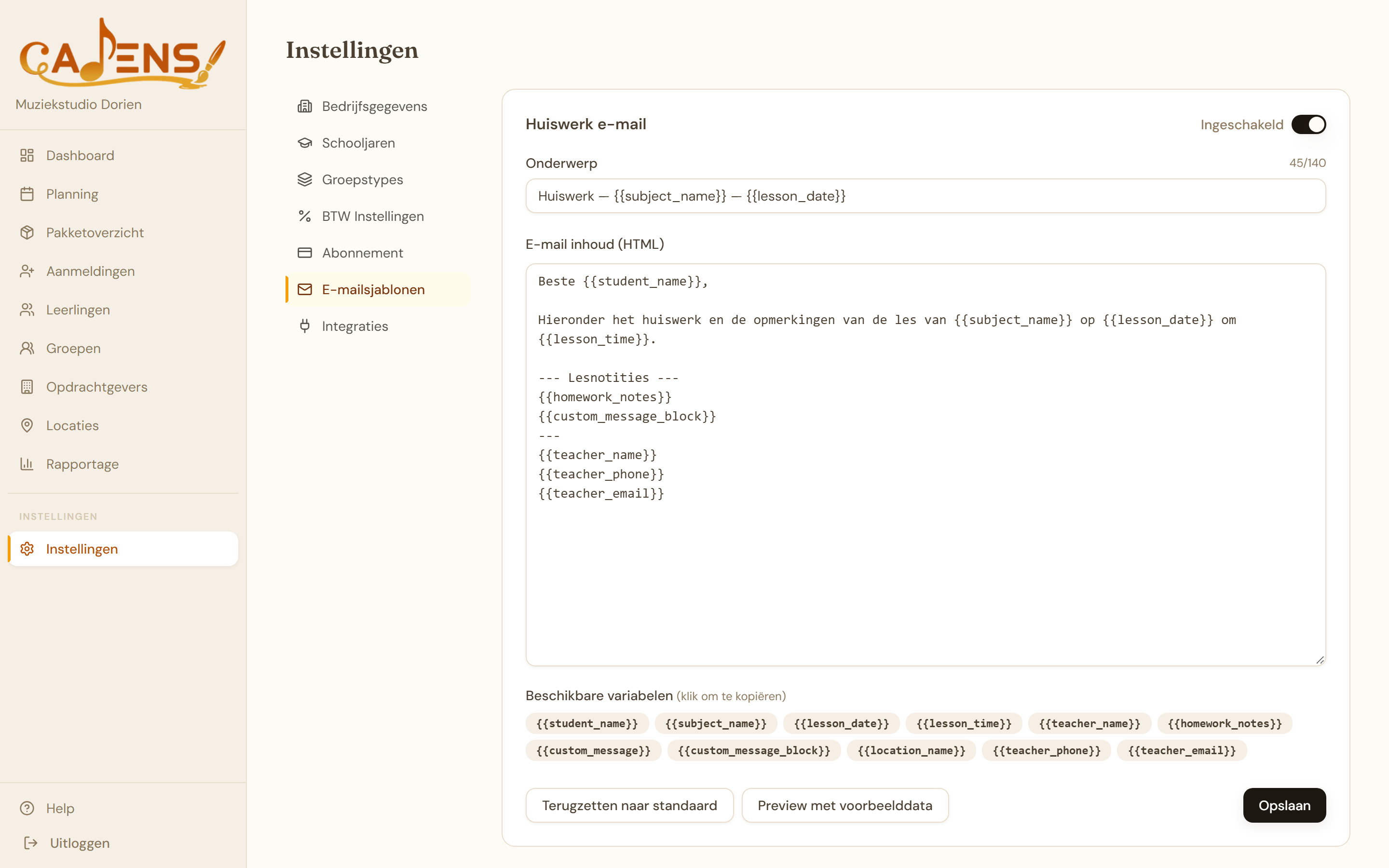 Cadens e-mailsjablonen instellingen