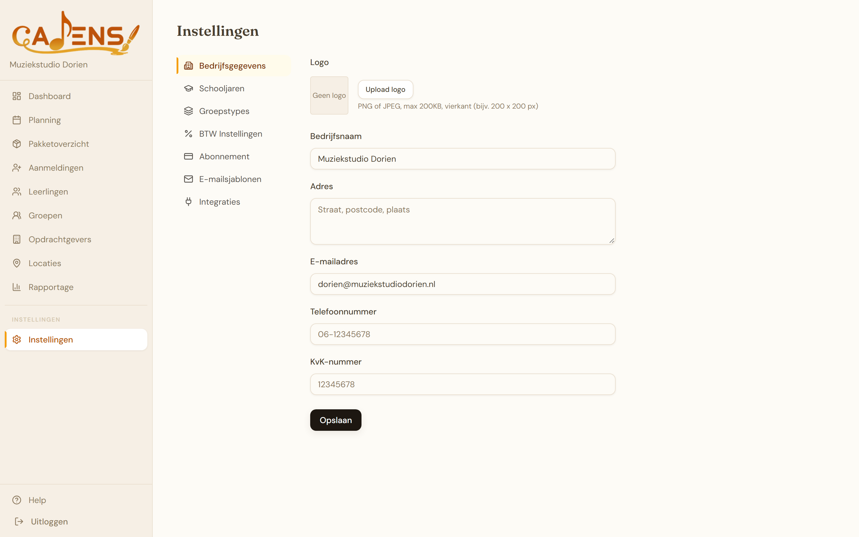 Cadens instellingenoverzicht op desktop met tabbladen