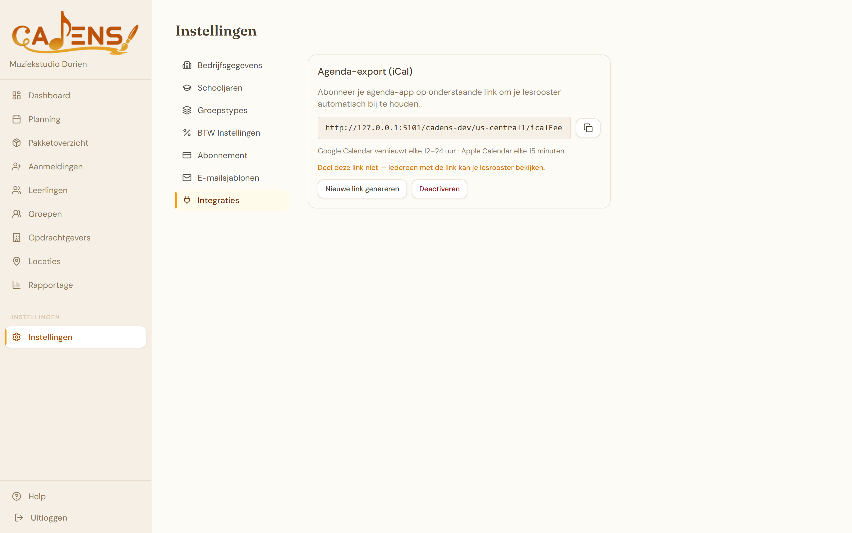 Cadens integraties met actieve agenda-export