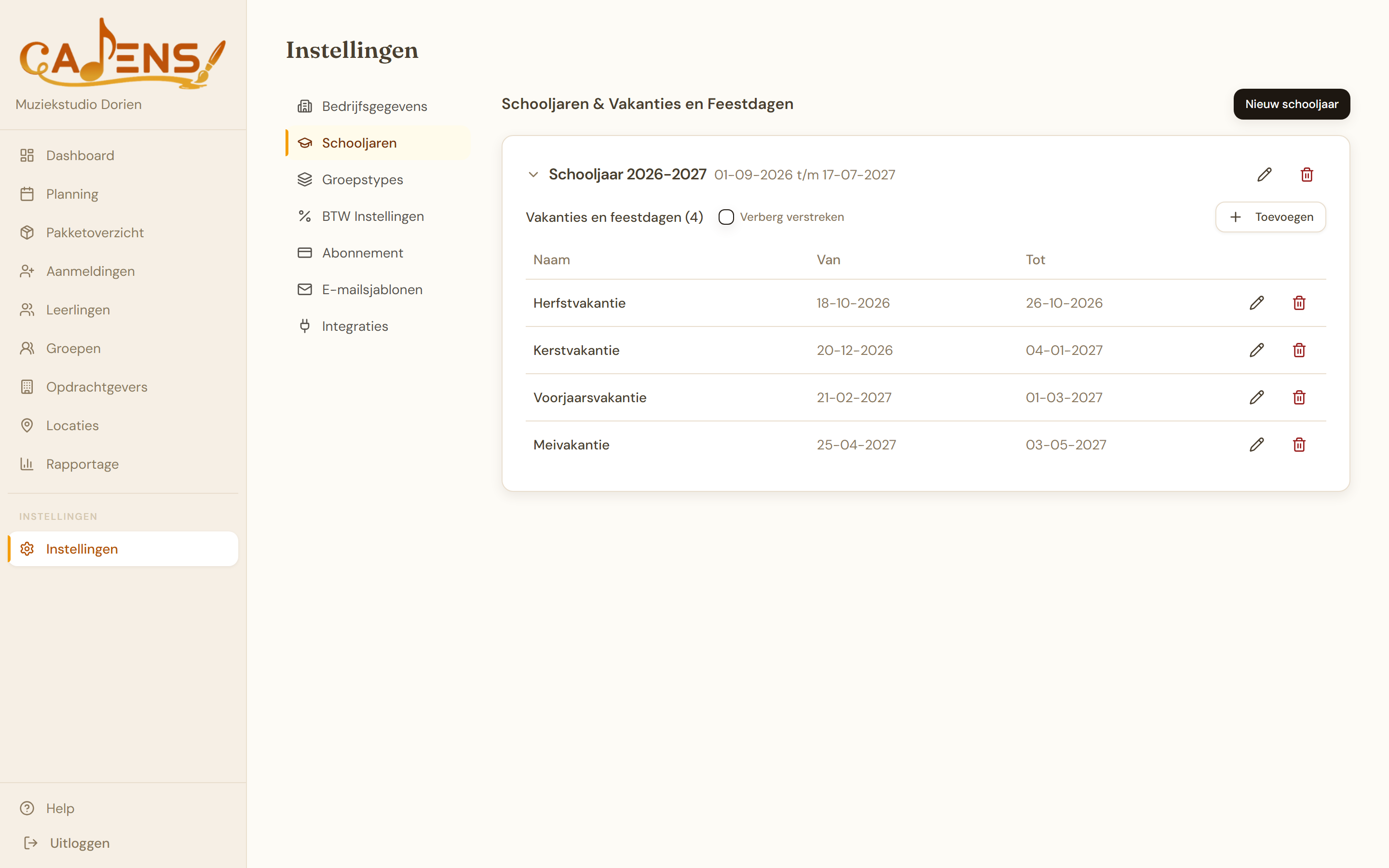 Cadens schooljarenpagina met een overzicht van aangemaakte schooljaren