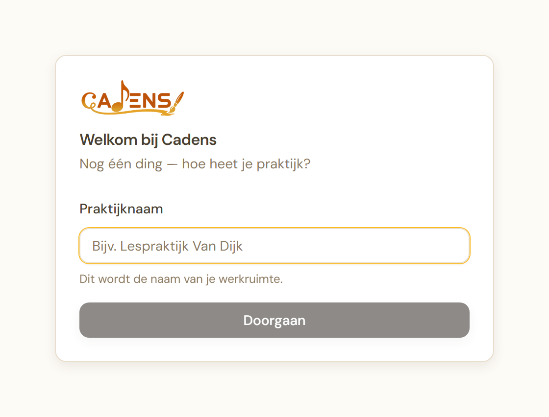 Cadens setup-wizard voor het instellen van je praktijknaam