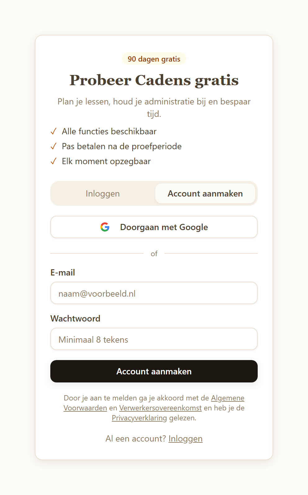 Cadens registratieformulier voor een nieuw account