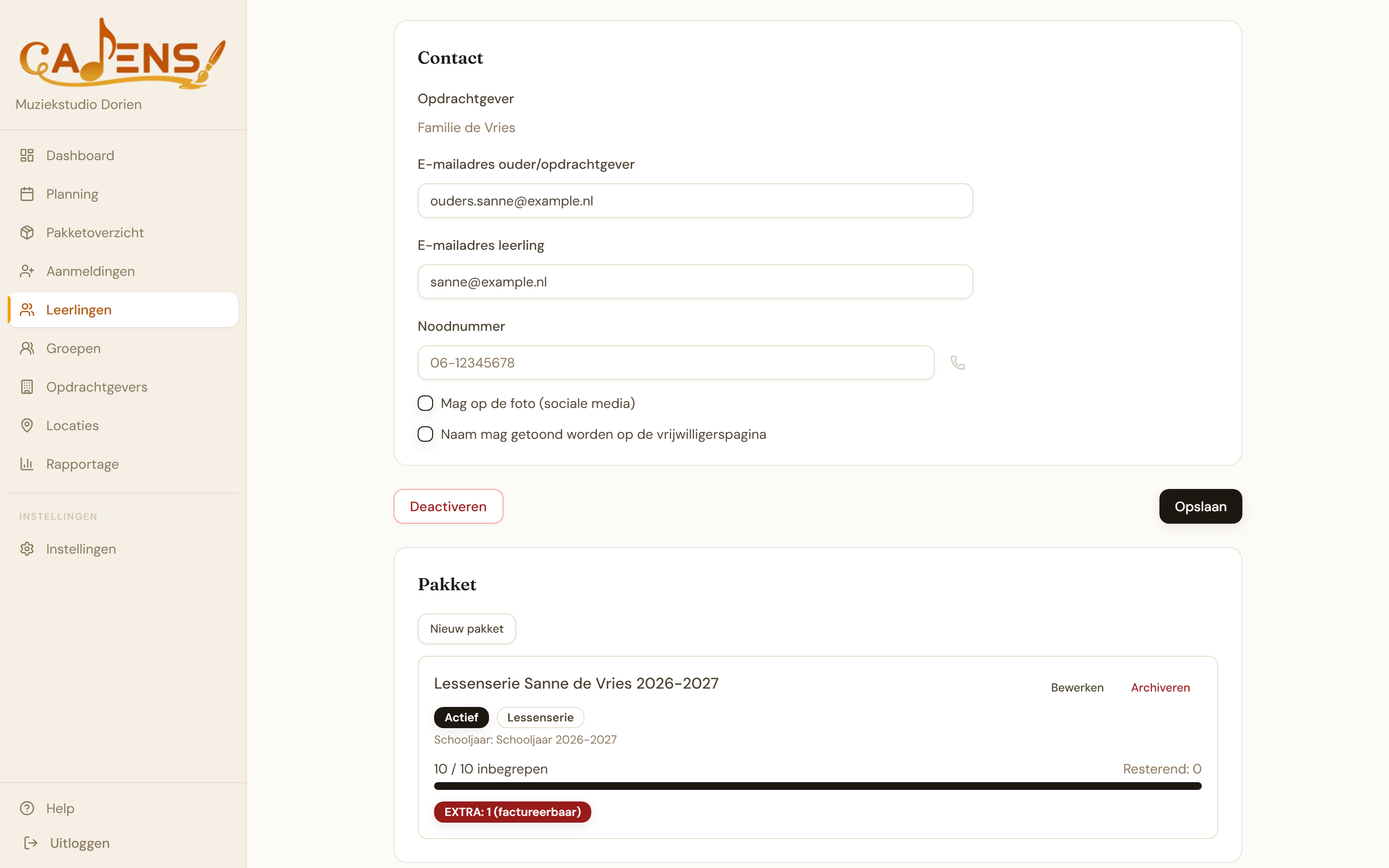 Cadens formulier nieuwe leerling met de consent-velden