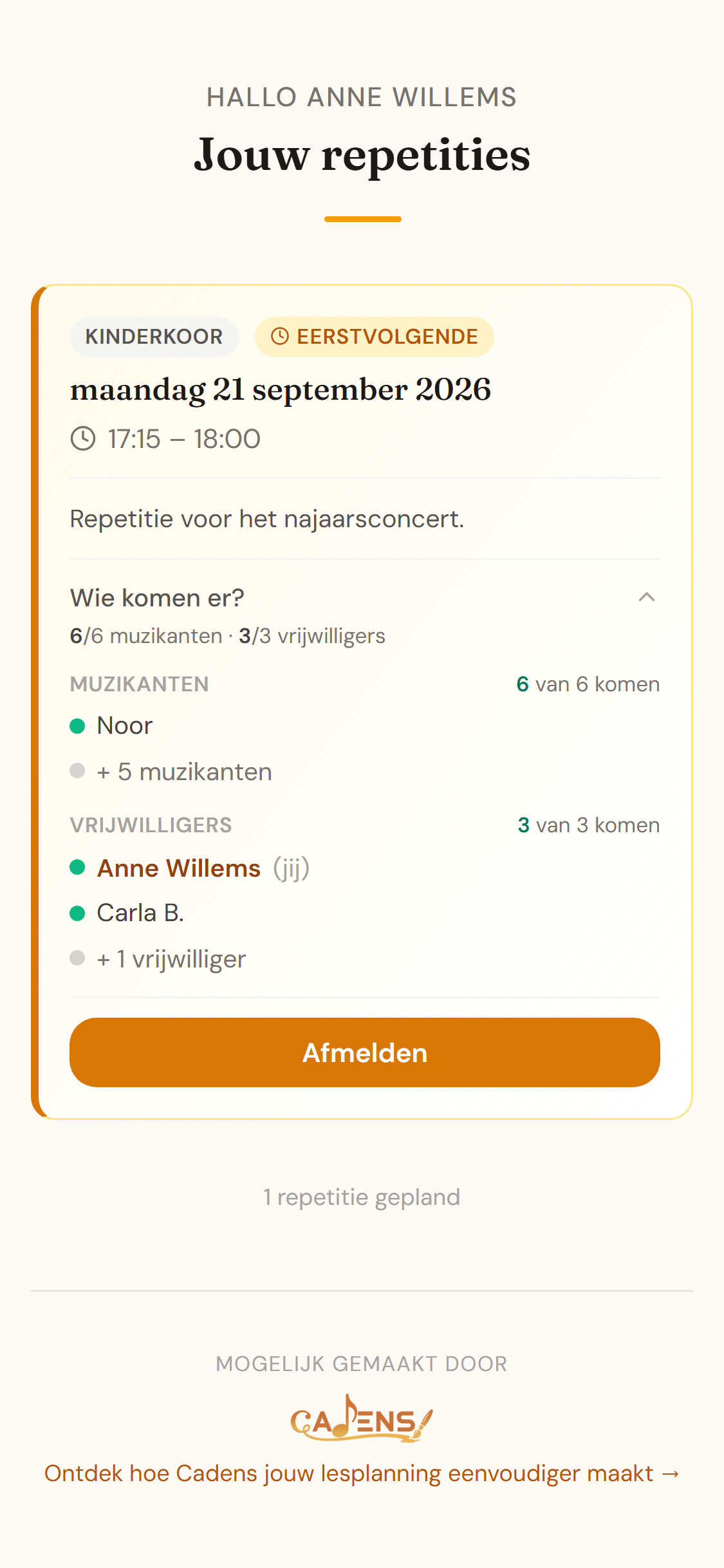 Cadens vrijwilligerspagina op een telefoonscherm