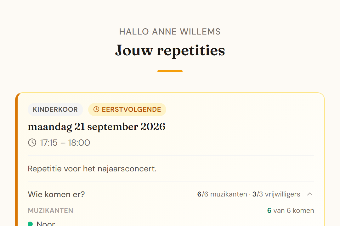 Cadens vrijwilligerspagina met aankomende repetities